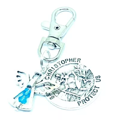 £3.99 • Buy March Birthstone St Christopher & Guardian Angel Swivel Keyring Lucky Charm Gift
