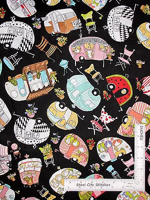 Camper Fabric Campers Toss Black Vintage Holiday Cotton Loralie 16  Length • $4