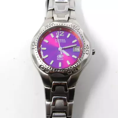Fossil 100 Meters Blue Watch Purple/Pink Dial AM - 3529 Stainless Steel Read • $14.99