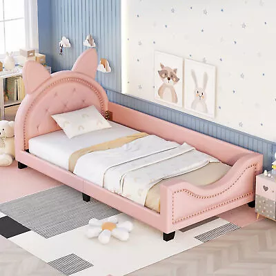 Twin Size Upholstered DaybedWooden Daybed Frame W/Cartoon Ears Shaped Headboard • $235