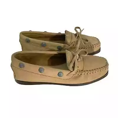Minnetonka Mocassins Shoes Nubuck Leather Taupe Slip On Womens 7 Style 386 • £23.35