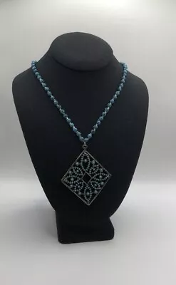 Vintage Retro Diamond Shape Beaded Pendant Necklace Faux Turquoise Beaded Chain • $14.99