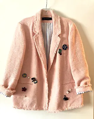 Zara Woman Blush Pink Boucle  Blazer Lg. Rhinestonespearlsfloralsequin • $49.95