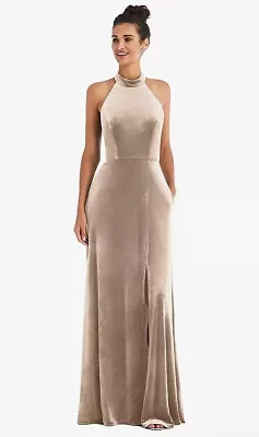 High-Neck Halter Velvet Maxi Dress With Front Slit...TH055....Topaz...Size 14 • $88