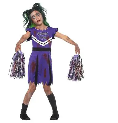 Childs Purple & Black Zombie Cheerleader Girls Fancy Dress Costume • £9.10