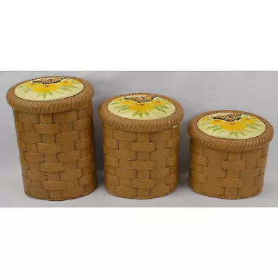 Set Of 3x Ceramic Cookie Jar Canister Bamboo Basket SunFlower Lid Butterfly P.H • $112.50