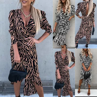 Womens Printed V Neck Long Sleeve Midi Dress Cocktail Party Bodycon Shirt Dress • $28.09