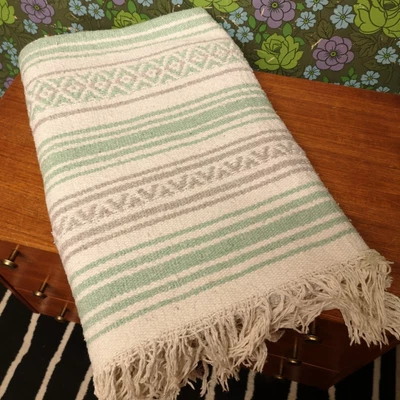 £24.99 • Buy Mexican Pastel Green Grey Woven Stripy Falsa Yoga Blanket / Throw 76 X52 