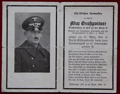 WWII German Sterbebild Death Card Max Grosspoitner DRB Railway Tunic Cap France • $38