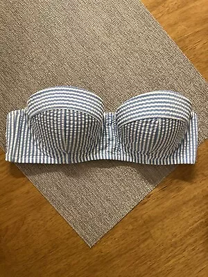J. CREW Blue & White Striped Bikini Seersucker Retro Strapless 32C 32 C No Strap • $36.99