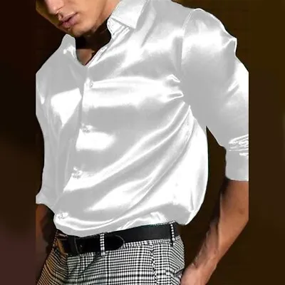 Comfortable Mens Tops Mens Shirts Disco Club Dress Shirt Long Sleeve Satin Silk • £19.75