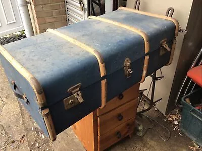 Vintage Ply And Wooden Luggage Trunk-blue • £50