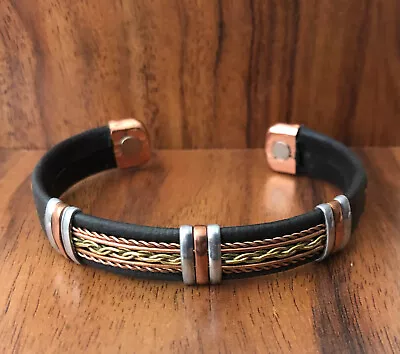 Solid Copper Leather Wrapped Magnetic Bracelet Energy Pain Jewelry Chain Link • $13.99