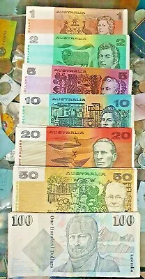 Set Of 7 AUSTRALIAN PAPER BANKNOTES CIRCULATED $100 $50 $20 $10 $5 $2.$1 • $399
