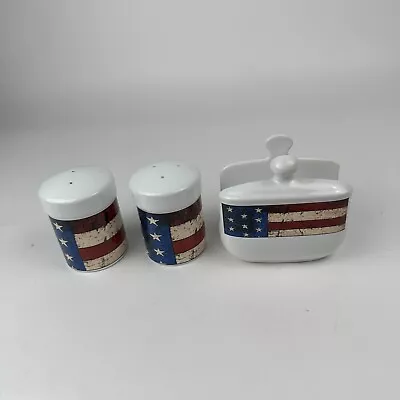 Vintage Warren Kimble COLONIAL Salt & Pepper Set & Napkin Holder Patriotic Flag • $24.95