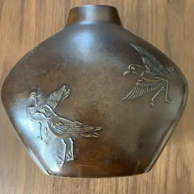 BIRD Pattern Engraving Bronze Vase 5.9 Inch Japanese Antique Old Art • £192.76