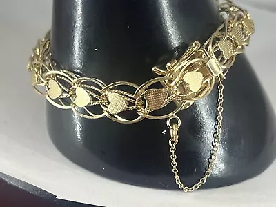 VINTAGE 14K GOLD HEART LINK CHARM BRACELET 8'' Inch Long 9.5mm Wide • $1075