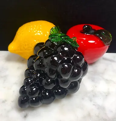 Set 3 Vintage Murano Style Hand Blown Art Glass Fruit Lemon Tomato Grapes • $26