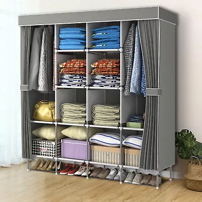 LOEFME Large Grey Fabric Canvas Wardrobe + Hanging Rail Shelving Clothes Storage • £26.69