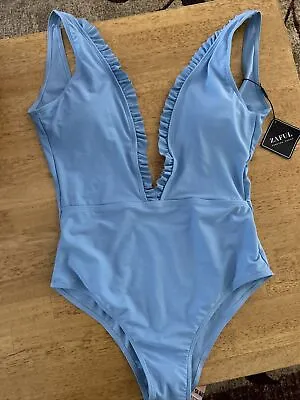 Zaful Ruffle Halter Deep Plunge One Piece Swimsuit Size 8 / L NWT Blue • $12