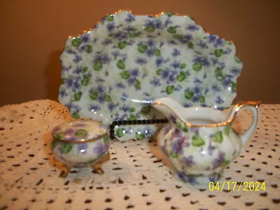 Three Vintage Pieces Lefton Violet Chintz Trinket Dish & Creamer • $18.99