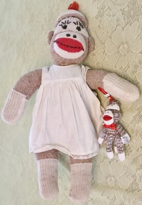 £11.62 • Buy 1 Large 22 Inch Vintage Handmade Sock Monkey W Small 6.5 Inch Monkey Ornament