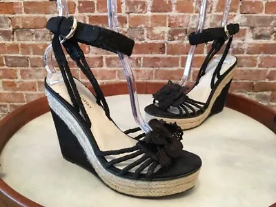 B Makowsky Marione Black Leather Flower Ankle Strap Wedge Sandals 8.5 New • $19.95