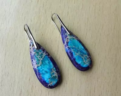 Lovely AMETHYST/ TURQUOISE Sea Sediment JASPER Drop EAR RINGS  Gift Wrapped • £8.95