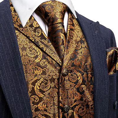 Mens Gold Blue Red Paisley Dress Vest Neck Tie Hankie Set Suit Tuxedo Waistcoat • $20.99