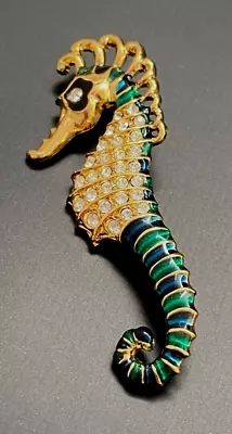 Vintage Gold Tone Green Sea Horse Pin Brooch Clear Rhinestones Ocean Life • $12