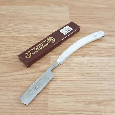 Masonic Folding Knife 4.25 Stainless Steel Razor Blade White Celluloid Handle  • $14.49