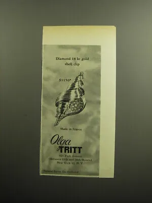 1959 Olga Tritt Jewelry Ad - Diamonds 18 Kt Gold Shell Clip • $19.99