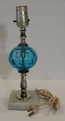 VINTAGE Blue Glass Globe Lamp With Marble Base 1960s Made In Italy TESTED WORKS • $60