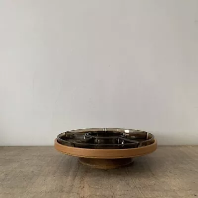 £25 • Buy Vintage Smoked Glass Wooden Lazy Susan Party Canape Serving Dish Table Decor 70s