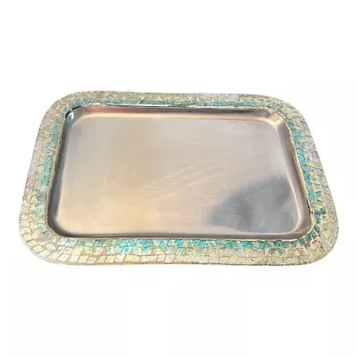 Vintage Silver Metal With Mosaic Design Tray MADE IN INDIA  Dresser Decor Vanity • $15