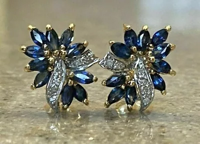 Marquise Lab Created Blue Sapphire Diamond Flower Earring 14K Yellow Gold Finish • $86.99