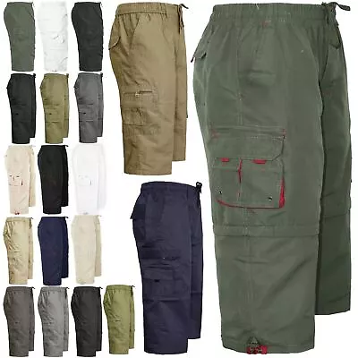 New Mens Elasticated Waist Cotton Cargo Combat 3/4 Long Knee Length Shorts Pants • £10.99