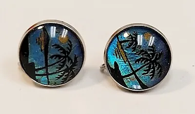 Vintage Butterfly Wing Earrings Screwback Sunset Palm Trees • $32.99