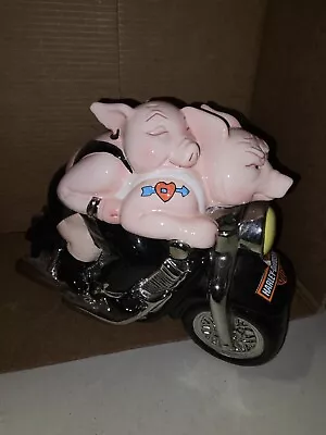 Cookie Jar Ceramic Pigs On Motorcycle Biker Hogs 1999 Clay Art  Hand Painted  • $23.99