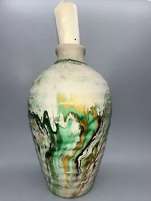 Vtg Nemadji Swirl Potteru Vase Usa Green Orange Black 8.5  Tall Nice! • $28.99