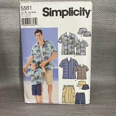 Simplicity Sewing Pattern Shirt Shorts Hat 5581 Mens: S-XL Boys:S-L Matching Set • $15