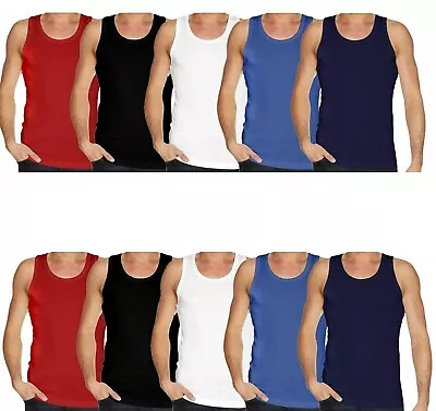 Pack Of 3 Men's Vest Fitted Plain 100% Cotton Muscle Gym Summer Top Vests • £7.89