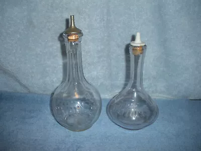 2 Vintage Clear Etched Glass Barbershop Bottles With Tops - Bitters And Mint • $125