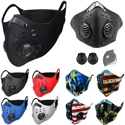 Reusable Face Mask Cover Dual Air Breath Valves Sports With Active Carbon Filter • $7.88