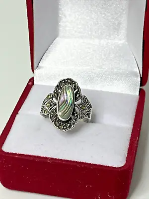 Vintage Sterling Silver Abalone & Marcasaite Ladies Ring Size 6 • $18