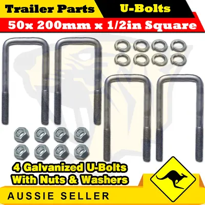 $29.99 • Buy 4 X U-Bolts 50mm X 200mm Square With Nuts Galvanized Trailer Box Boat Caravan