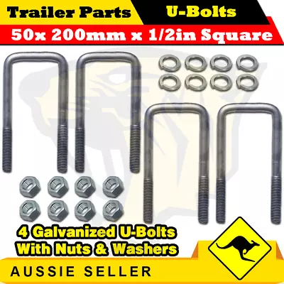 $29.99 • Buy 4 X U-Bolts 50mm X 200mm Square With Nuts Galvanized Trailer Box Boat Caravan