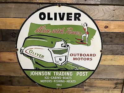 30  Vintage Oliver Porcelain Sign From Johnsons Trading Post Outboard Boat Motor • $659