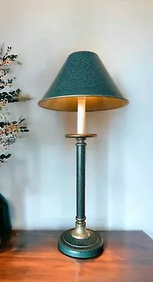 Vintage Metal Table Lamp With Olive Green Paint Gilt Pattern • $100