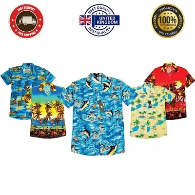 Mens Hawaiian Shirt Aloha Tropical Palm Tree Sunset Surf Beach Party Holiday • £4.99